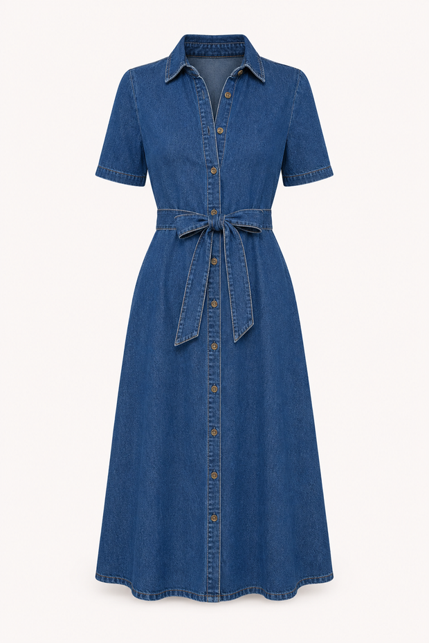Damen Midikleid Denim lässig mit Gürtel und Knöpfen - Klara
