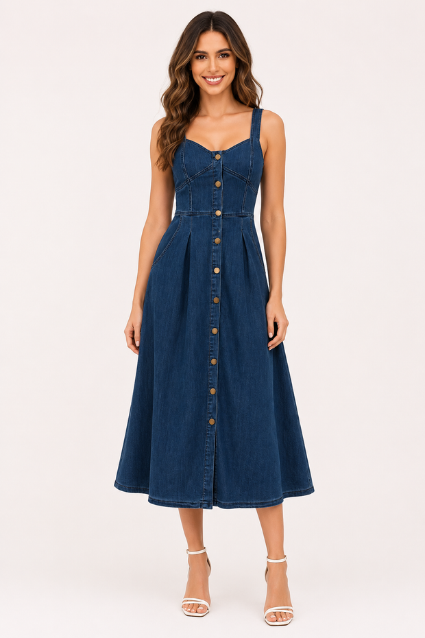 Damen Denim Midikleid mit breiten Trägern - Brigitte