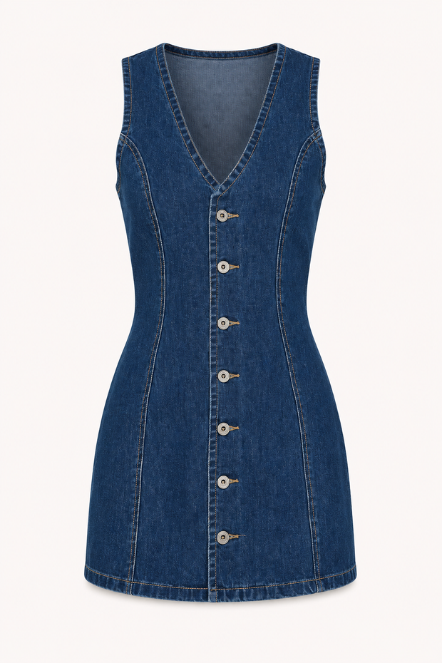 Kurzes Jeanskleid für Damen mit V-Ausschnitt und Knöpfen - Ilse