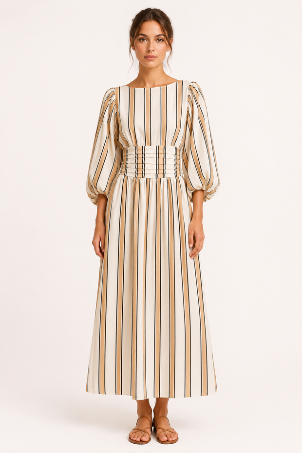 Langes gestreiftes Kleid mit Puffärmeln - Larissa