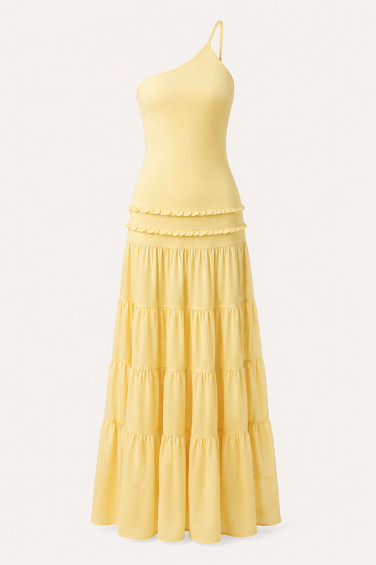 Elegantes, langes Ein-Schulter-Kleid mit Rüschenrock – Lisbos