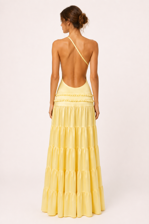 Elegantes, langes Ein-Schulter-Kleid mit Rüschenrock – Lisbos