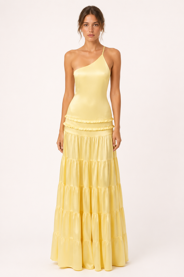 Elegantes, langes Ein-Schulter-Kleid mit Rüschenrock – Lisbos