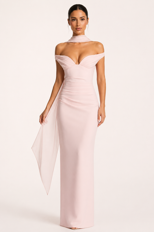 Langes Abendkleid für Damen mit Bardot-Ausschnitt und Schal – Fanny