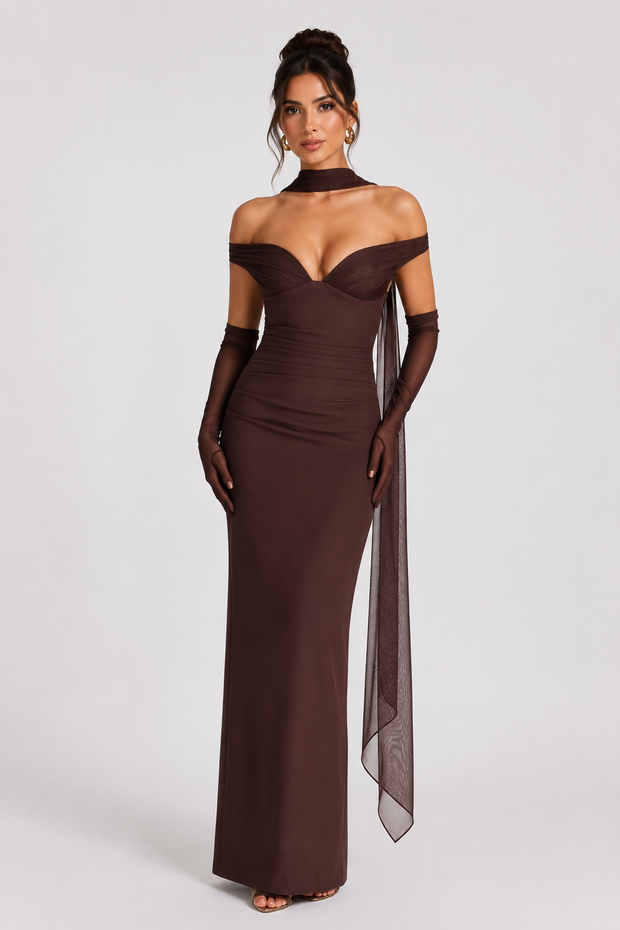Langes Abendkleid für Damen mit Bardot-Ausschnitt und Schal – Fanny