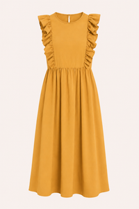 Langes Damenkleid mit Rüschen an den Schultern und weitem Rock – Helena