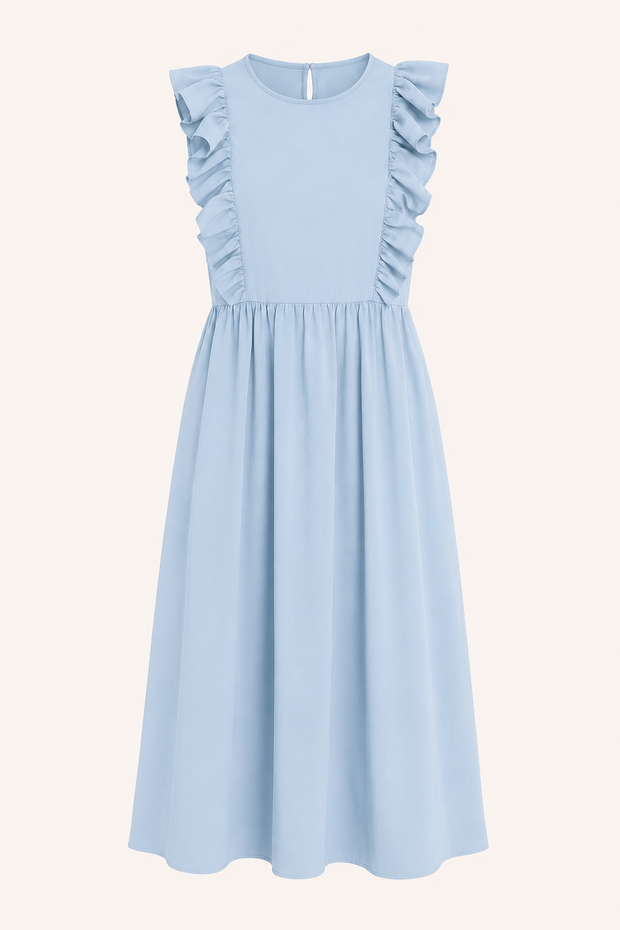 Langes Damenkleid mit Rüschen an den Schultern und weitem Rock – Helena
