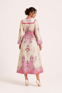 Damen Midikleid mit langen Ärmeln und geblümten Knöpfen - Serena