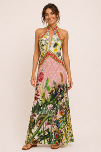 Langes Damen-Trägerkleid mit floralem Schlitz - Valery