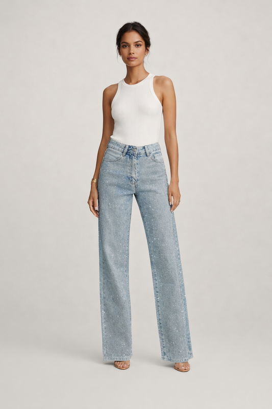 Damen-Jeanshose mit hoher Taille und Strasssteinen - Amelie