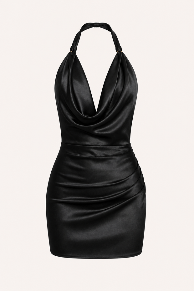Kurzes Damenkleid mit drapierten Trägern, drapierter Ausschnitt, schmale Passform, Partykleid - Kaela