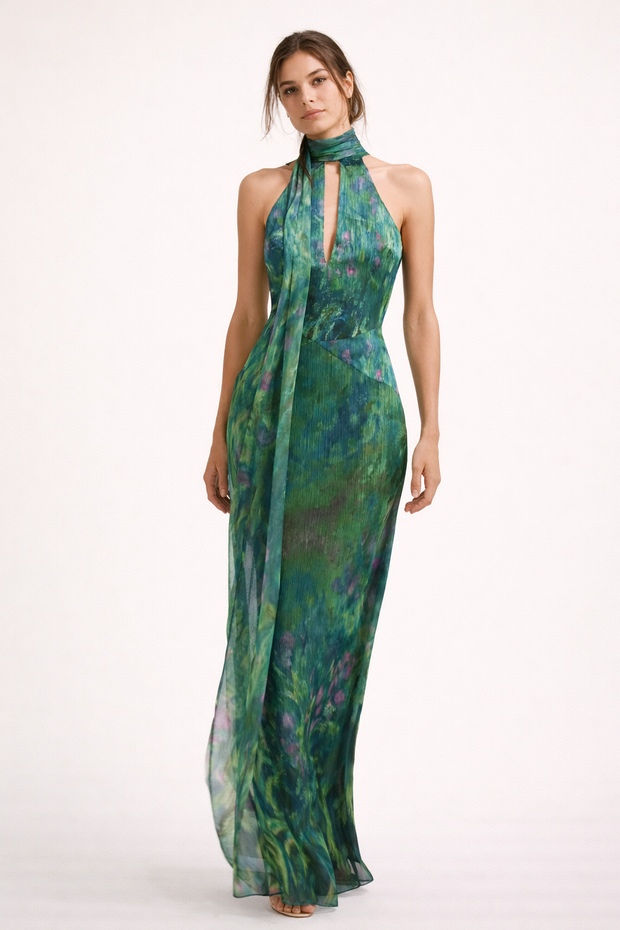 Damen Maxikleid Neckholder bedruckt elegant - Irises