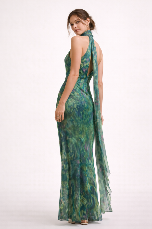 Damen Maxikleid Neckholder bedruckt elegant - Irises