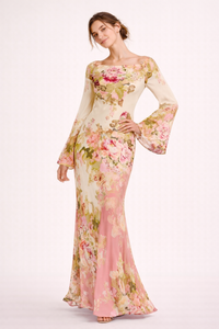Damen Maxikleid mit Blumendruck und ausgestellten Ärmeln - Helga