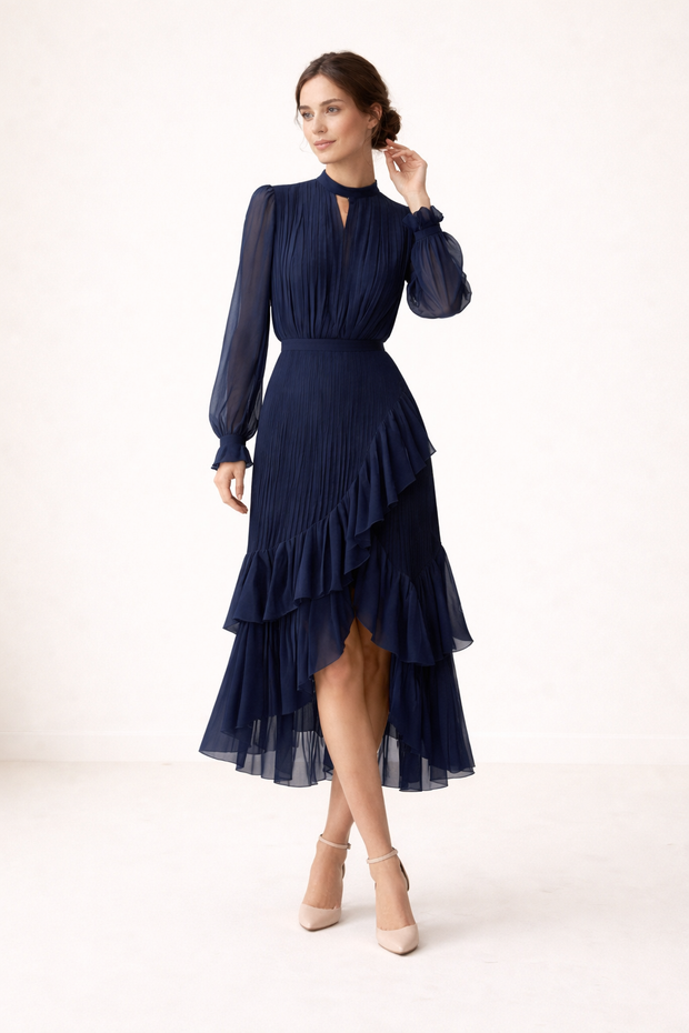 Midikleid mit Plissee, lange Ärmel, femininer Schnitt - Anika
