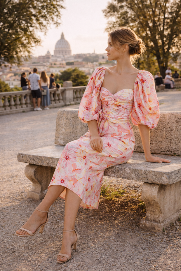 Geblümtes Midikleid mit Puffärmeln für Frauen - Klara