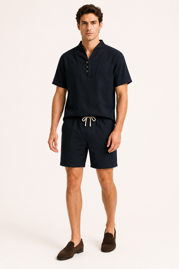 Herren-Set aus Leinen und Baumwolle mit Stehkragen und Shorts – Armin