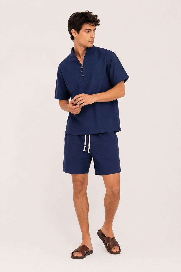 Herren-Set aus Leinen und Baumwolle mit Stehkragen und Shorts – Armin