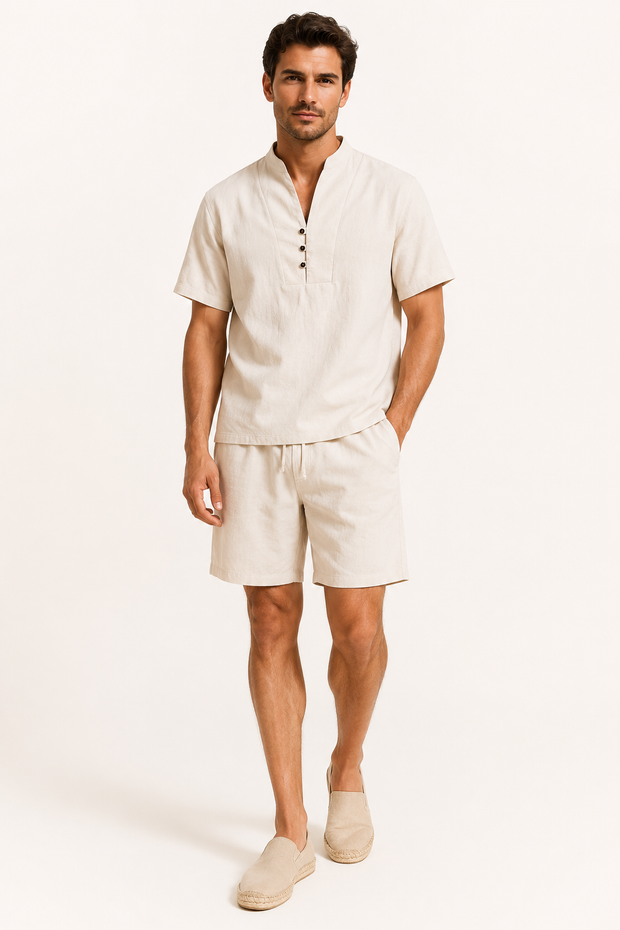 Herren-Set aus Leinen und Baumwolle mit Stehkragen und Shorts – Armin