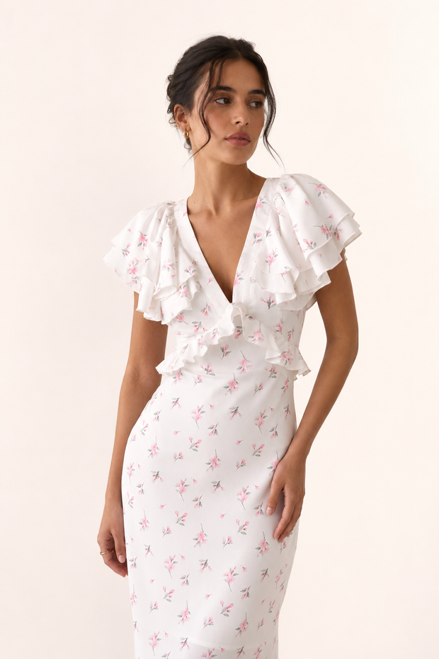 Damen Midikleid mit Blumendruck Rüsche elegant lässig - Hedda