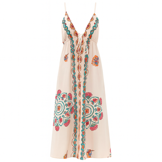 Langes Kleid mit Neckholderausschnitt und Blumenstickerei - Elara