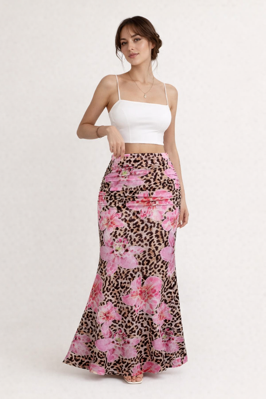 Langer Damenrock mit Blumen- und Tierprint - Elira