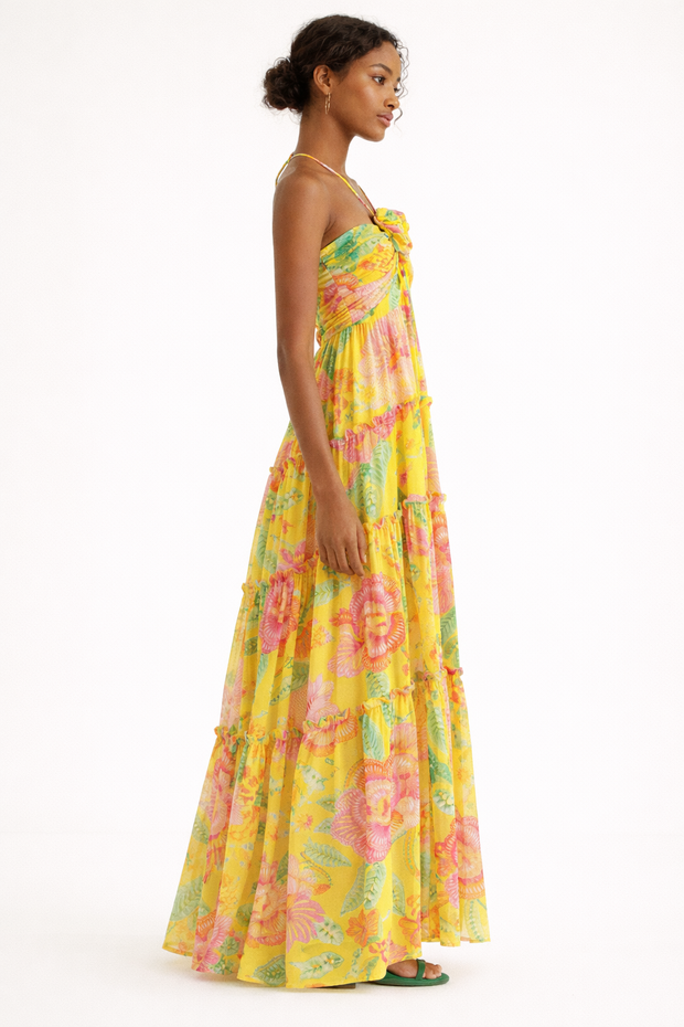 Langes Damenkleid mit dünnen Trägern und geblümtem Rock - Lirena