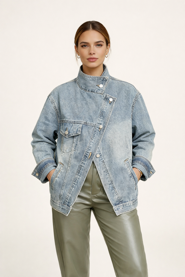 Damen-Jeansjacke in Übergröße mit hohem Kragen - Kaia