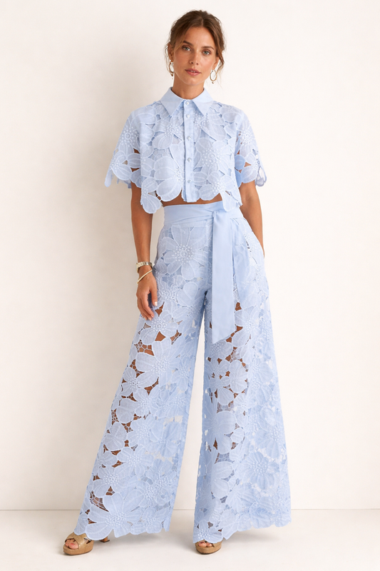 Damen-Set florale Spitze weite Hosen kurze Ärmel Bluse - Anneliese
