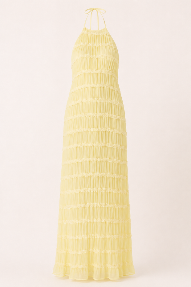 Langes, plissiertes Sommerkleid mit elegantem Neckholder-Ausschnitt – Tilda