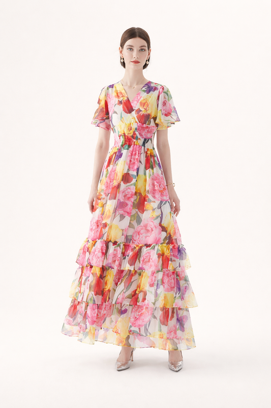 Langes Kleid mit Blumendruck und Rüschen für Frauen - Alessandra