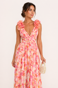 Chiffon-Maxikleid V-Ausschnitt Blumenprint 3D-Blüten Cut-Out Festlich