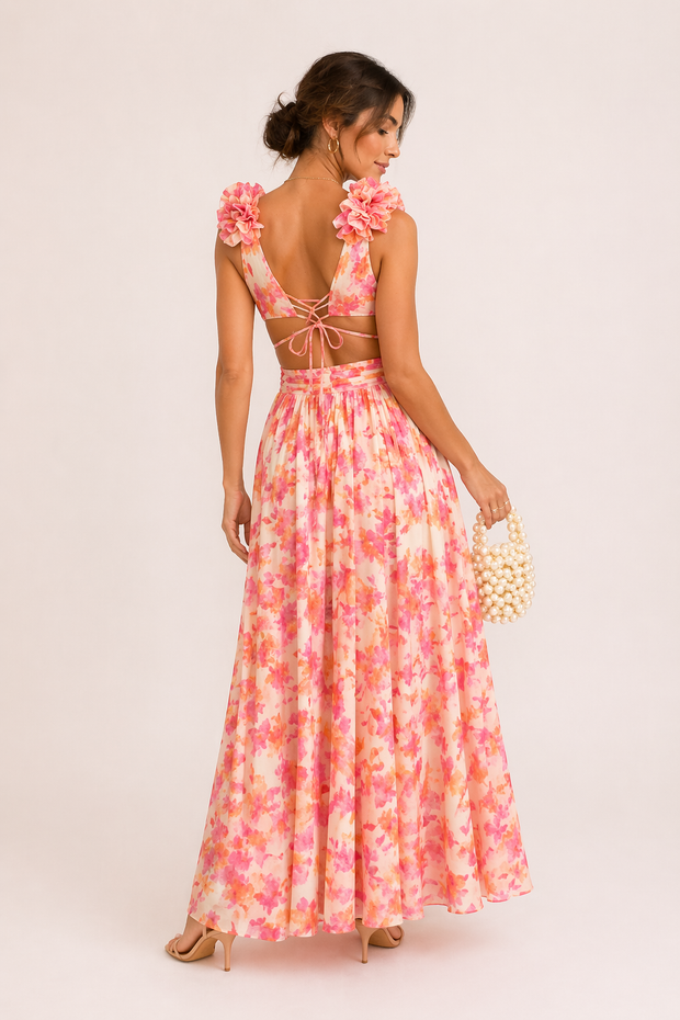Chiffon-Maxikleid V-Ausschnitt Blumenprint 3D-Blüten Cut-Out Festlich