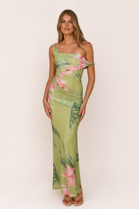 Mesh-Maxikleid One-Shoulder Off-Shoulder Blumenprint Körperbetont Festlich