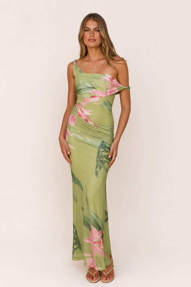 Mesh-Maxikleid One-Shoulder Off-Shoulder Blumenprint Körperbetont Festlich