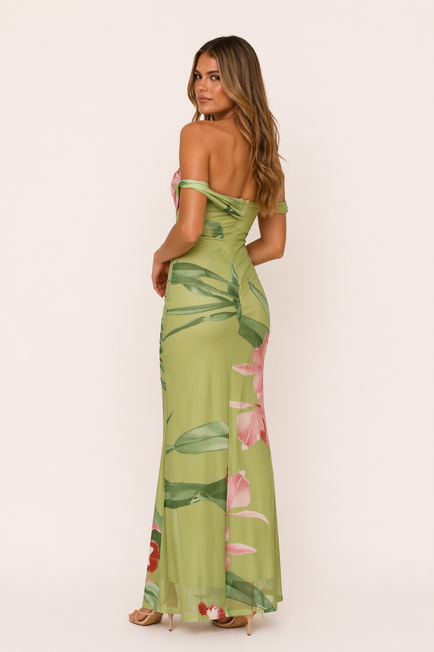 Mesh-Maxikleid One-Shoulder Off-Shoulder Blumenprint Körperbetont Festlich