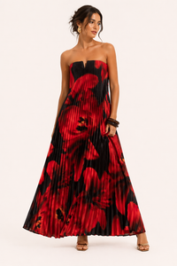 Plissee-Maxikleid Trägerlos mit Blumenprint A-Linie Festlich