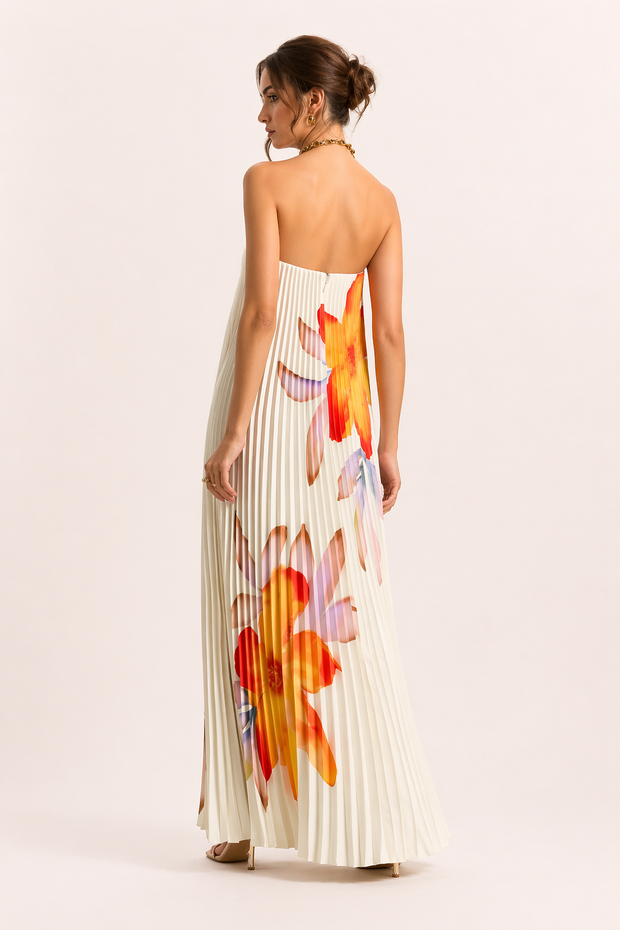 Plissee-Maxikleid Trägerlos mit Blumenprint A-Linie Festlich