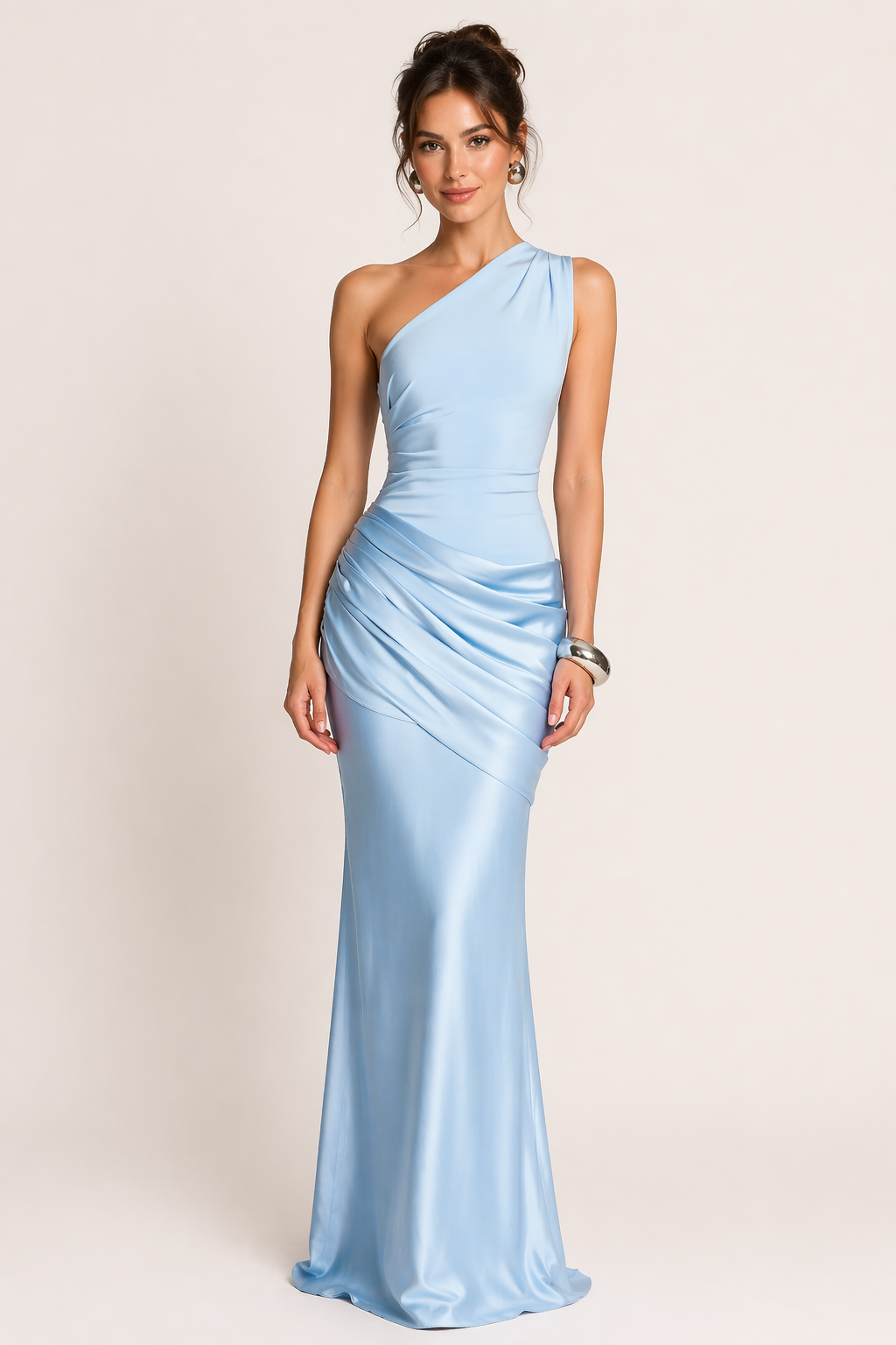 Satin-Abendkleid One-Shoulder mit Drapierung Maxi Festlich