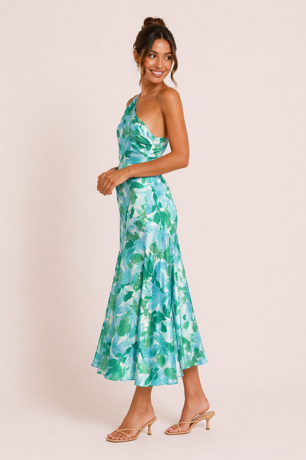 Satin-Midi-Kleid One-Shoulder Blumenprint A-Linie Ausgestellter Saum Festlich