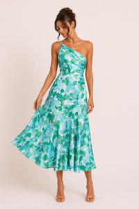 Satin-Midi-Kleid One-Shoulder Blumenprint A-Linie Ausgestellter Saum Festlich