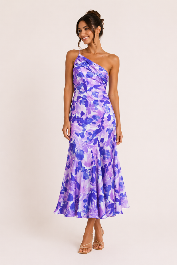Satin-Midi-Kleid One-Shoulder Blumenprint A-Linie Ausgestellter Saum Festlich