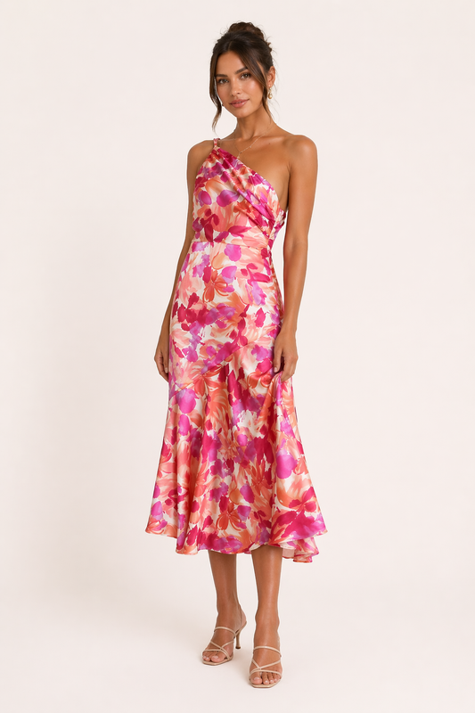 Satin-Midi-Kleid One-Shoulder Blumenprint A-Linie Ausgestellter Saum Festlich