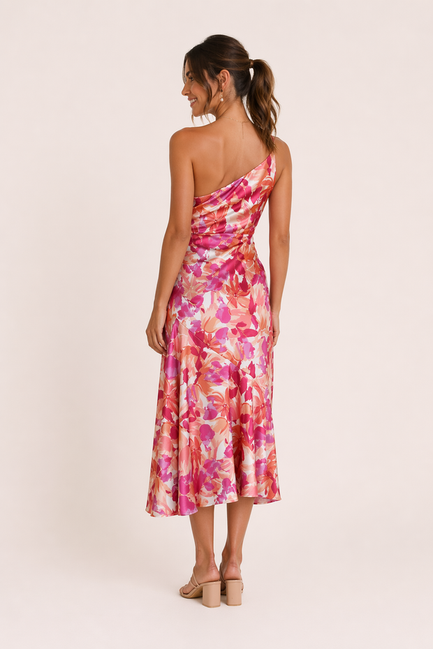 Satin-Midi-Kleid One-Shoulder Blumenprint A-Linie Ausgestellter Saum Festlich