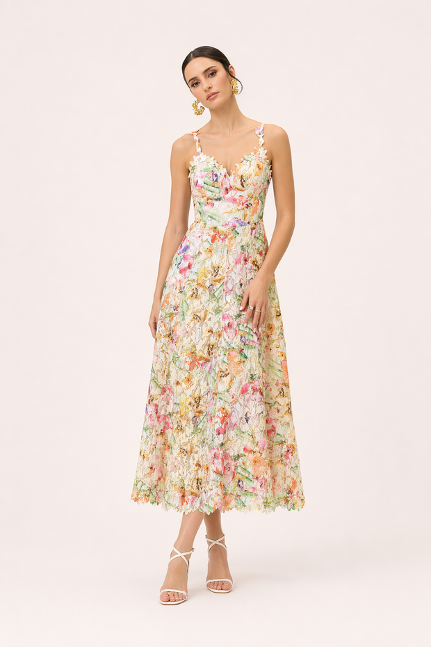 Spitzen-Midi-Kleid mit Blumenprint A-Linie Träger Rückenausschnitt