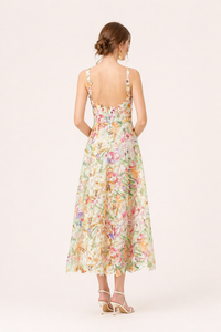 Spitzen-Midi-Kleid mit Blumenprint A-Linie Träger Rückenausschnitt