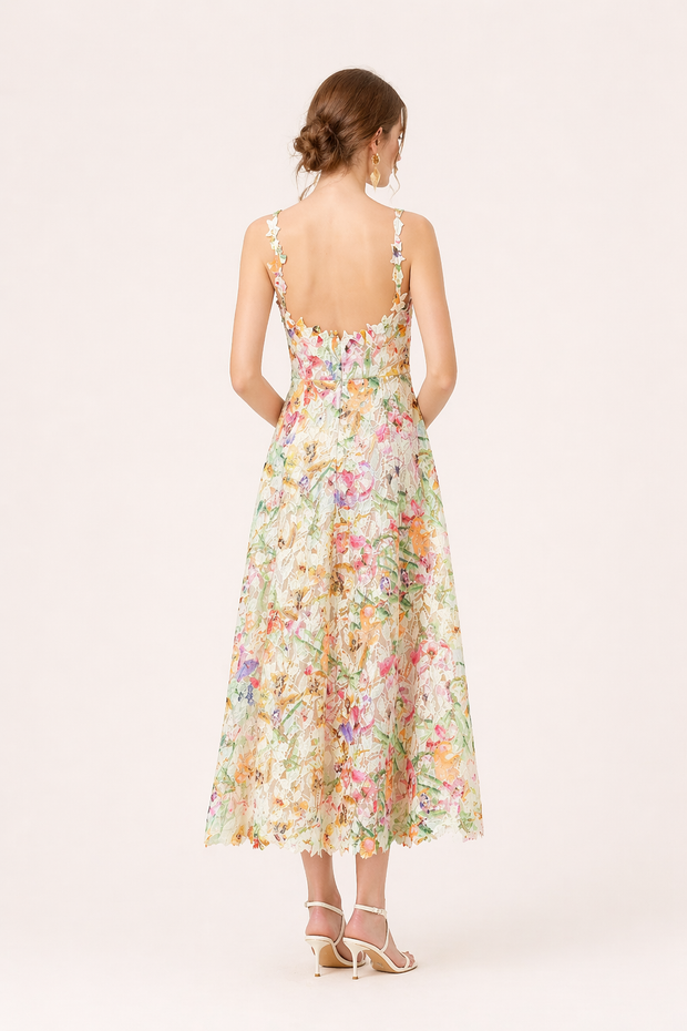 Spitzen-Midi-Kleid mit Blumenprint A-Linie Träger Rückenausschnitt