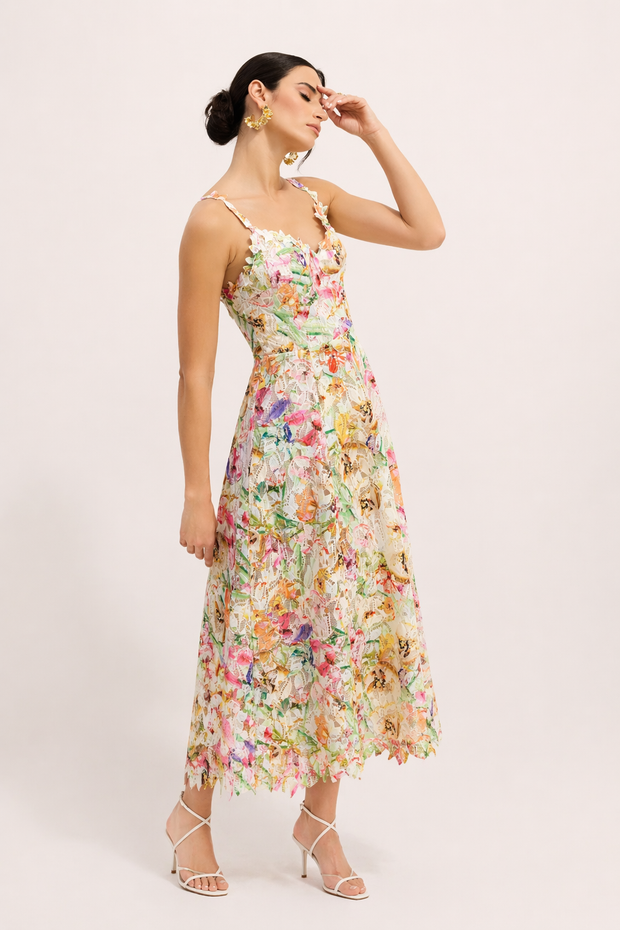 Spitzen-Midi-Kleid mit Blumenprint A-Linie Träger Rückenausschnitt