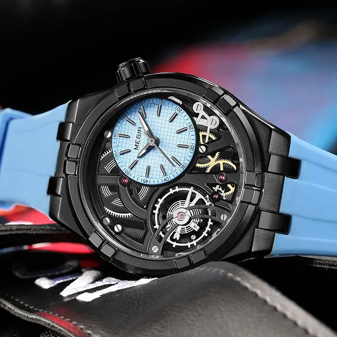 Mechanische Uhr mit Automatikaufzug, offenem Zifferblatt und Silikonarmband für Herren
