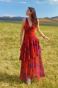 Langes Kleid mit Blumendruck und Rüschen - Camila